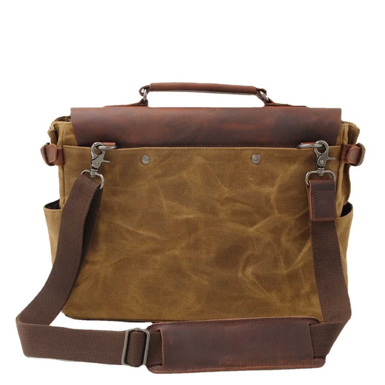 Fashion Vintage Oil Waxed Canvas With Crazy Horse Leather Briefcase European- MenS Bag Vintage Single Shoder Crossbody Tote Y251121