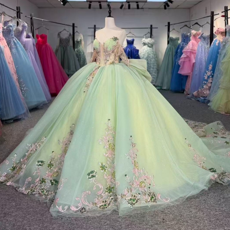 Light Green Shiny Quinceanera Dresses Off The Shoulder Sequin Applique Lace Beading Crystal Bow Tull Corset Party Birthday Sweet 16 Dres