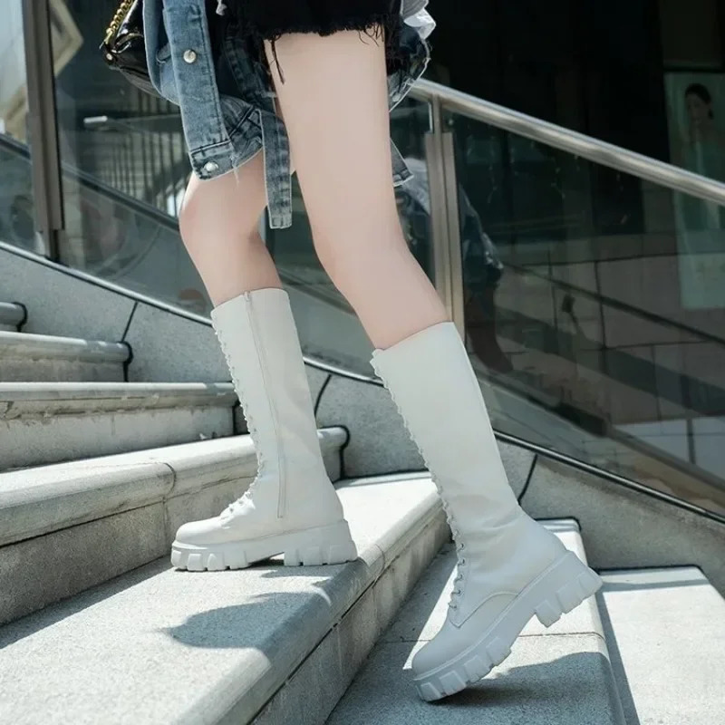 Womens Mid Calf Boots Padded Shoes Knee High Winter Sneakers Punk Style Military Casual White Black Lucury Platform Woman 251031