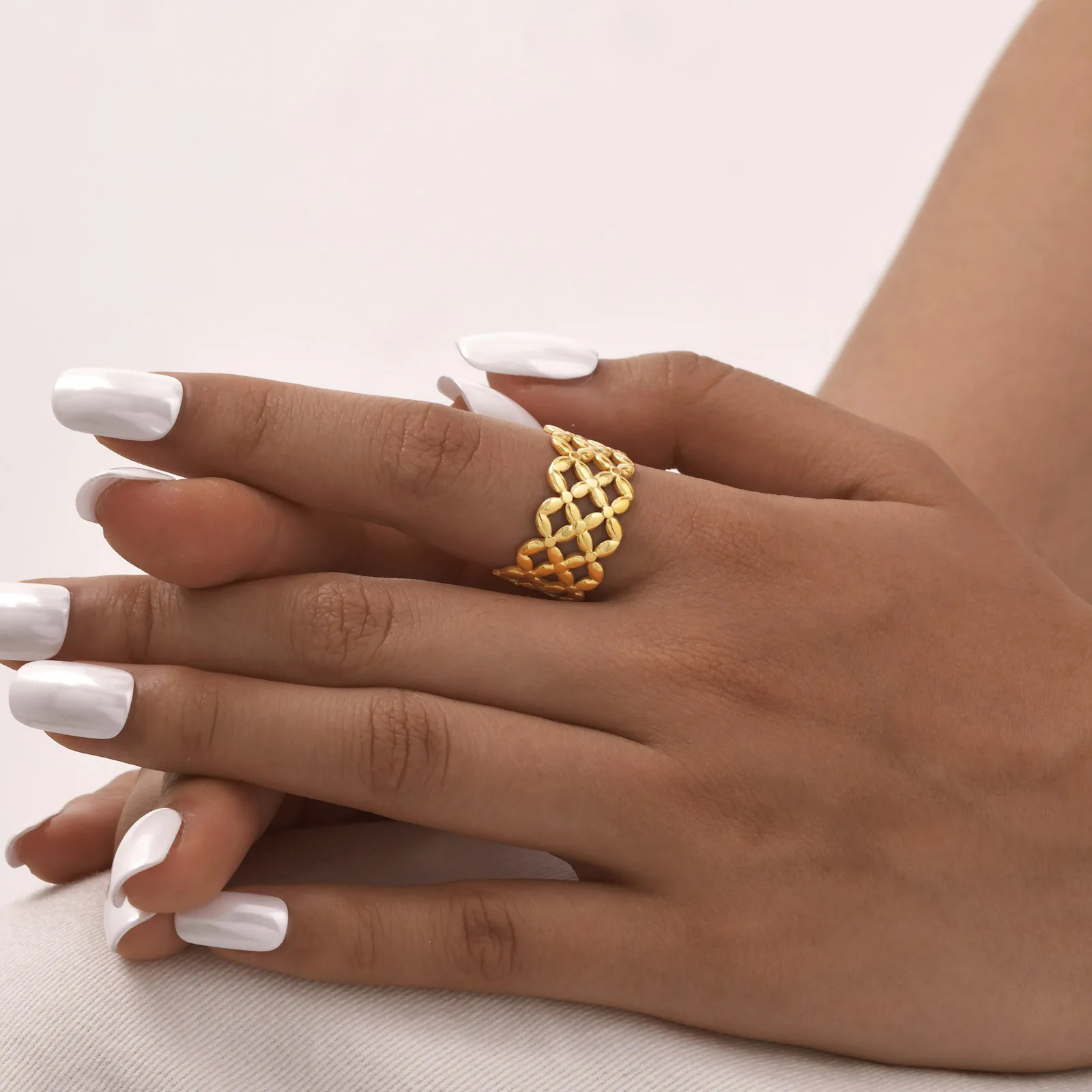 Womens hollow open adjustable flower wreath stainless steel thick wide thumb ring 250418 250418