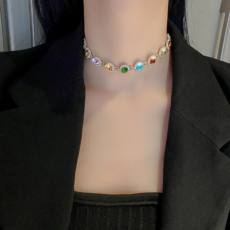 Fyuan Korean style colorful crystal necklace womens Clavicle chain jewelry Bijoux 250420