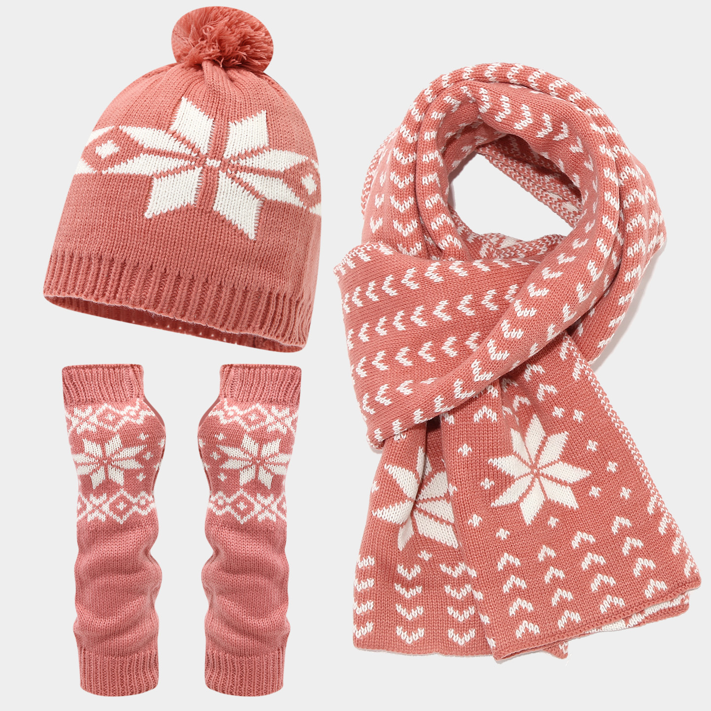 Warm hat and scarf set Three-Piece Set for Women and Men Winter Christmas Snowflake Pattern Knitted Hat Scarf Gloves Cold-Proof Trendy free shipping