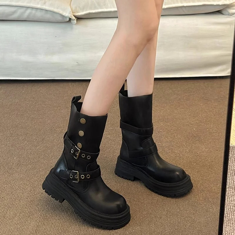 Platform Mid Calf Boots for Women Mallard Color Furry Lined Winter Shoes with Buckle Comfortable Thick Sole 251121