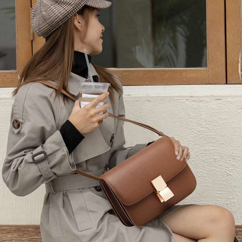 Women Shoulder Female Split Leather Ins Vintage Messenger Lady Small Square Palm Texture Printing Box Flap Underarm Bag Bag