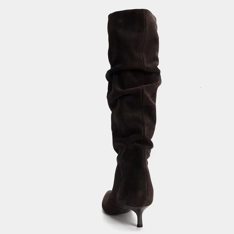 High Quality Faux Suede Boots Women Fashion Pointed Toe Kitten Heel n Autumn Vintage Pleated Zapatos De Mujer 251121