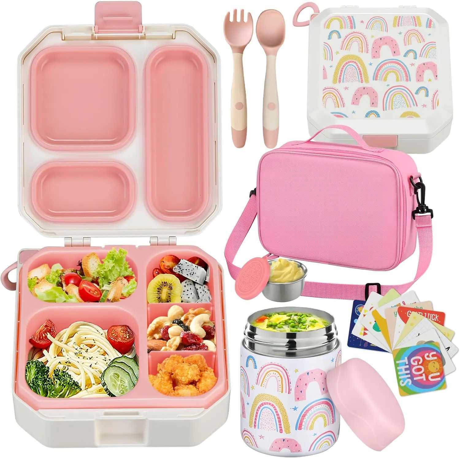 Bento Lunch Box for Kids with 12oz Soup Thermo Leak-Proof Lunch Food Container with 5 Compartment Thermo Hot Food Jar and InsulaM251121