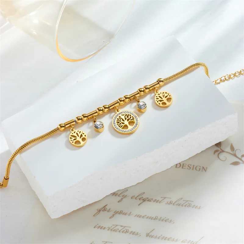316L Stainless Steel Elegant Gold Color Tree - of - Life Charms Bracelet With Shiny Zircon Stone For Womens Daily WearW251121