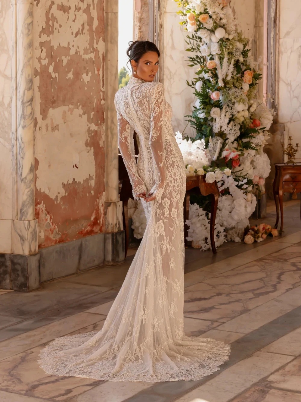 Graceful Wedding Dresses High Neck Appliques Bridal Gowns Illusion Long Sleeves Princess Sweep Train Mermaid Customized Vestidos De Novia Plus Size