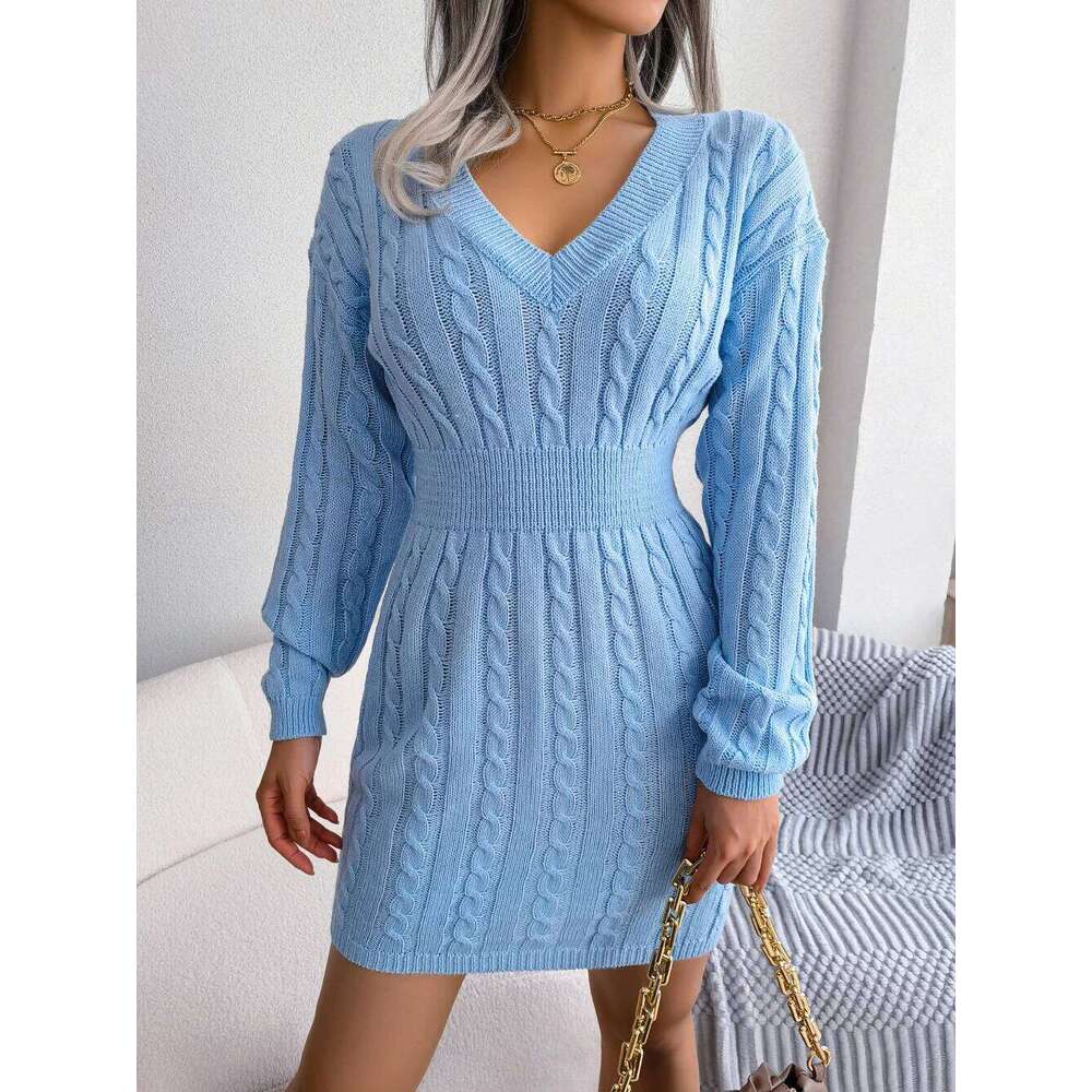 Knitted Sweater Dress For Women Autumn Winter Long Sleeve Slim Waist Knitwear Clothes White Blue Khaki