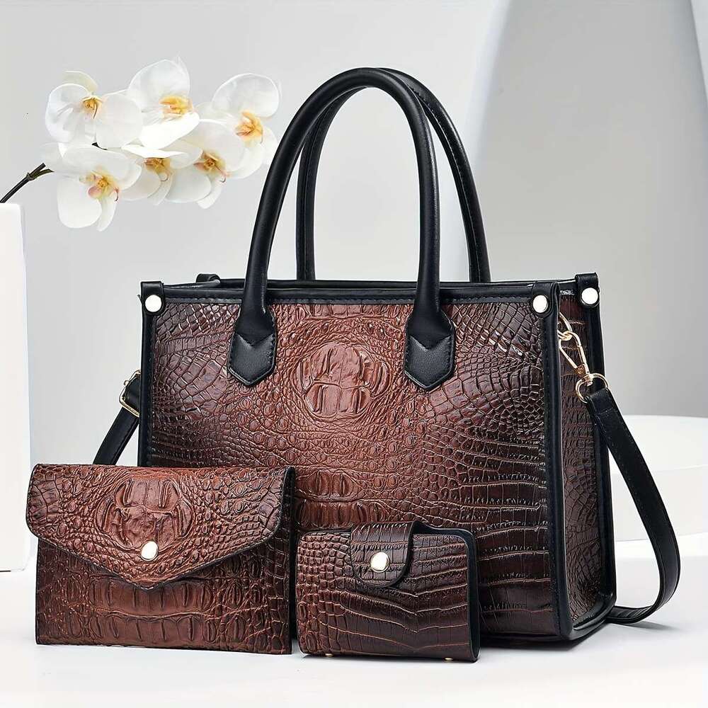 Light Luxury High-End Genuine Leather Crocodile Pattern Handbag Fashion Trend Large Capacity Middle-Aged Mom Shoulder Three-Piece Set Letter Bag