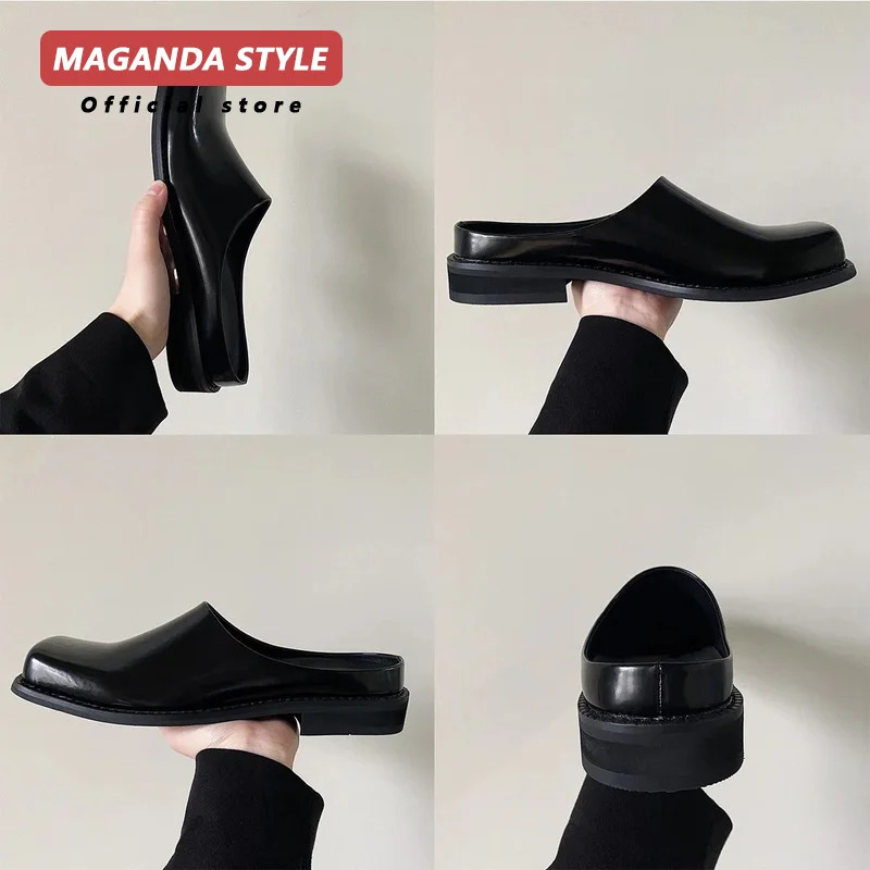 Original n leather slippers for mens summer outdoor wear flat bottomed breathable casual straight drag black Muller shoes 251121