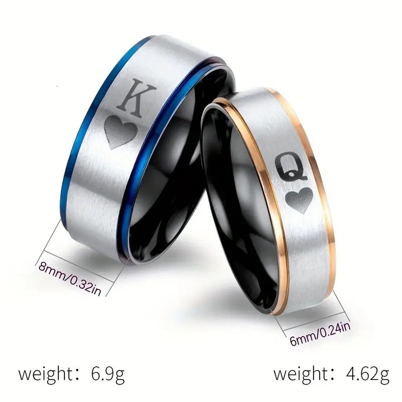 New King Queen Titanium Steel Personalized Spades K Q Two tone Couple Ring Jewelry