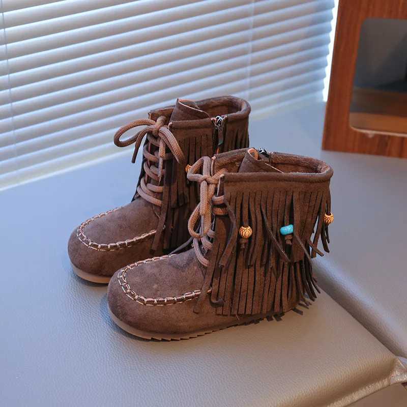 Tassel Children Fashion Boots Autumn Winter Solid Fleece Warm Vintage Girls Boots PU Leather Zip Soft Kids Mid Calf ShoesW251121
