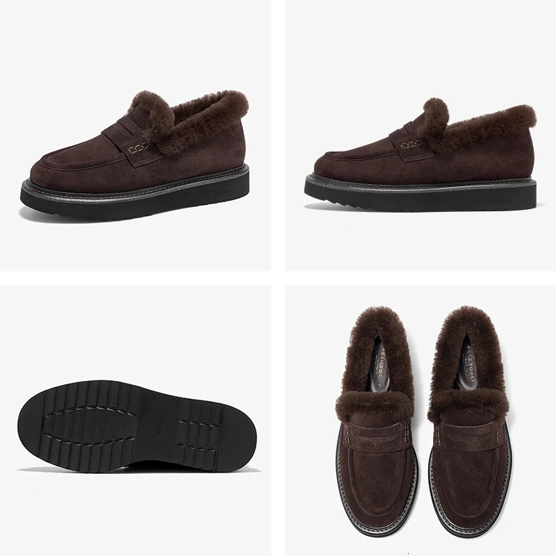 BEAUTODAY Winter Fur Shoes Women Cow Suede Leather Round Toe Penny Loafers Slipon Flats Casual Ladies Handmade 27862 251121