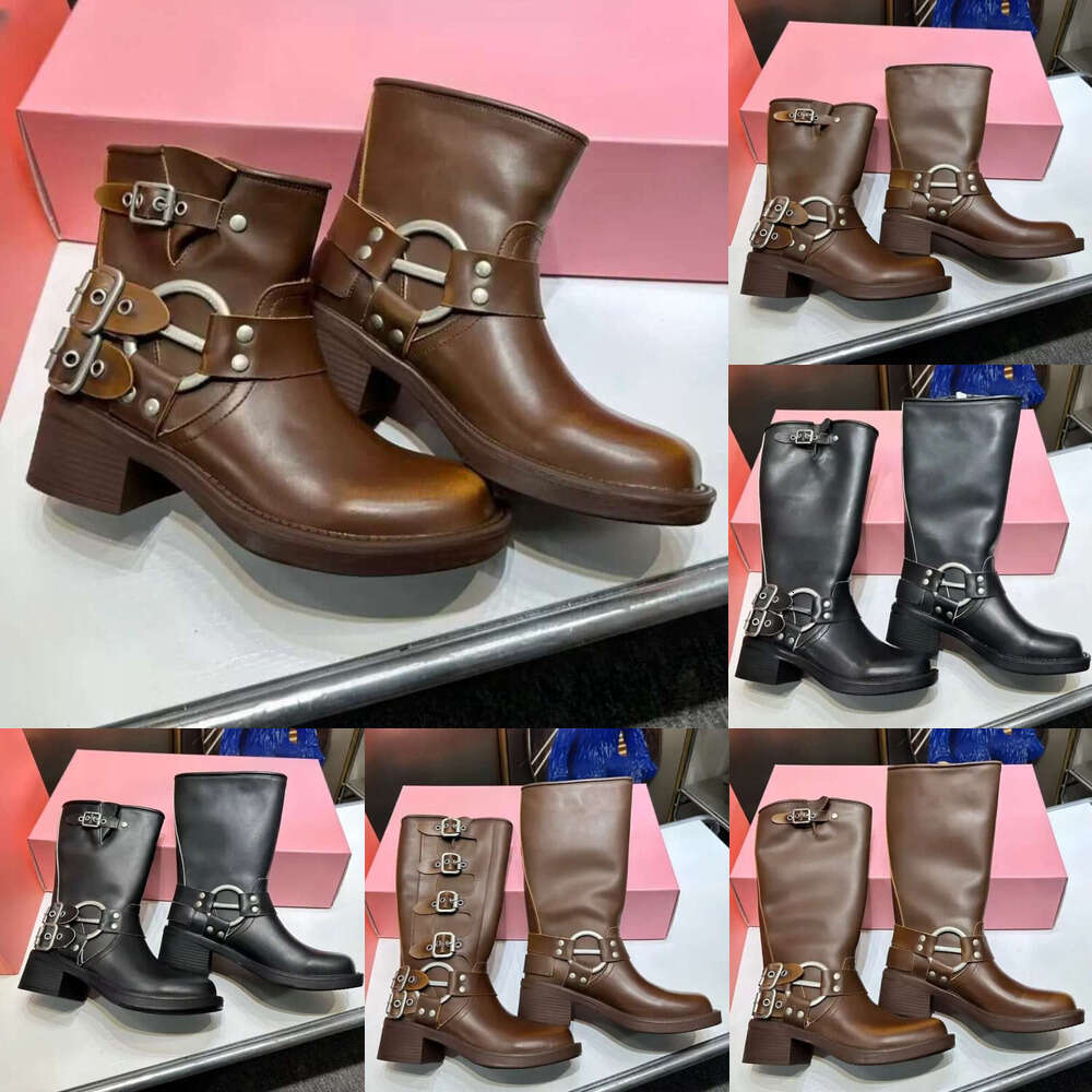 10A luxury Designer womens FW square toe brown calfskin Knight Boots Short Half High with Metal Buckle Vintage Style Winter Thick Heeled Westem Ankle moto boot women