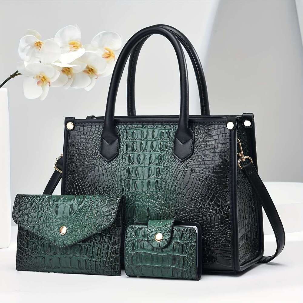 Light Luxury High-End Genuine Leather Crocodile Pattern Handbag Fashion Trend Large Capacity Middle-Aged Mom Shoulder Three-Piece Set Letter Bag