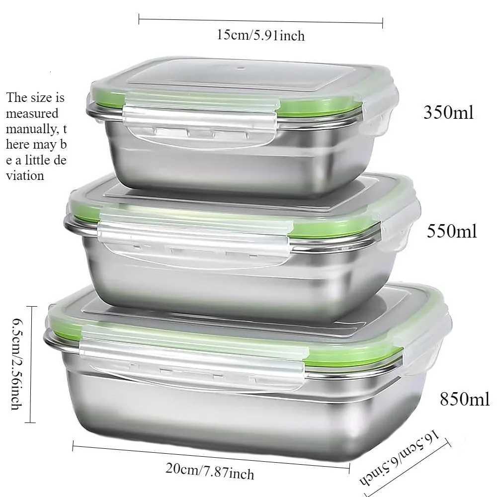 3 Pieces Stainless Steel Food Containers Food Storage Box Square Lunch Box 400/750/1200mlM251121