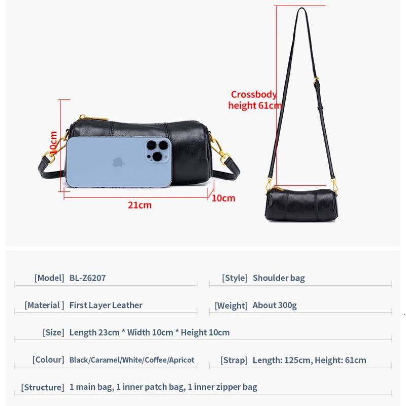 Women Genuine Leather Shoulder Cydrical Cowhide Crossbody Bag Large Capacity Lipstick Key Phone Pouch Case For Fem