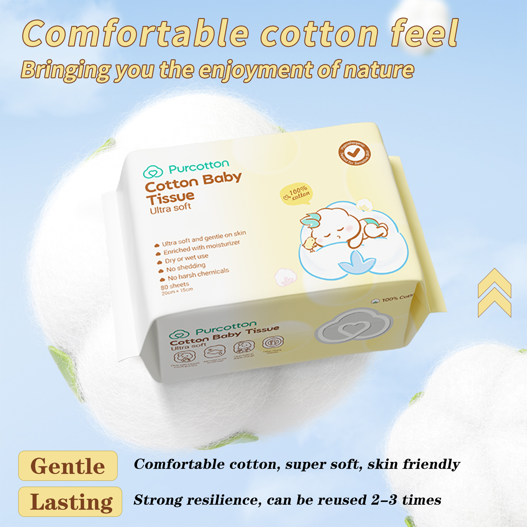 1 Pack,80 PurCotton 100% USA Cotton Facial Tissues, Ultra-Soft Baby Tissue Dry Wipes | Ultra Soft Face Towels | Wet And Dry Use