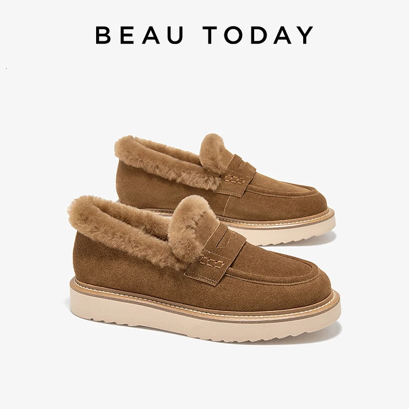 BEAUTODAY Winter Fur Shoes Women Cow Suede Leather Round Toe Penny Loafers Slipon Flats Casual Ladies Handmade 27862 251121