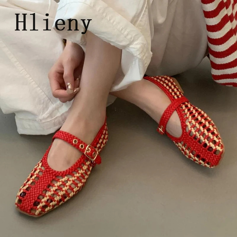 Hlieny n Weave Hemp Woman Loafers Fashion Hollow Out Square Toe Buckle Strap Casual Flat Women Mary Jane Shoes Brown 251121