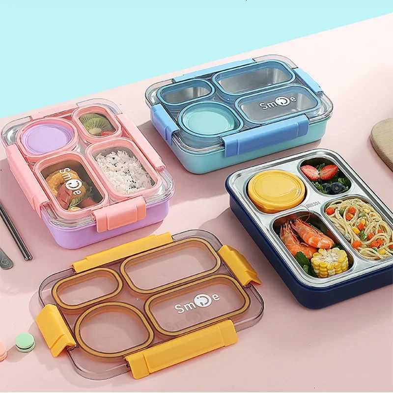 Stainless Steel 4 Divided Compartments Bento Lunch Box Kids Insulated Lunch Box for School Office Kitchen Food Storage ContainerM251121
