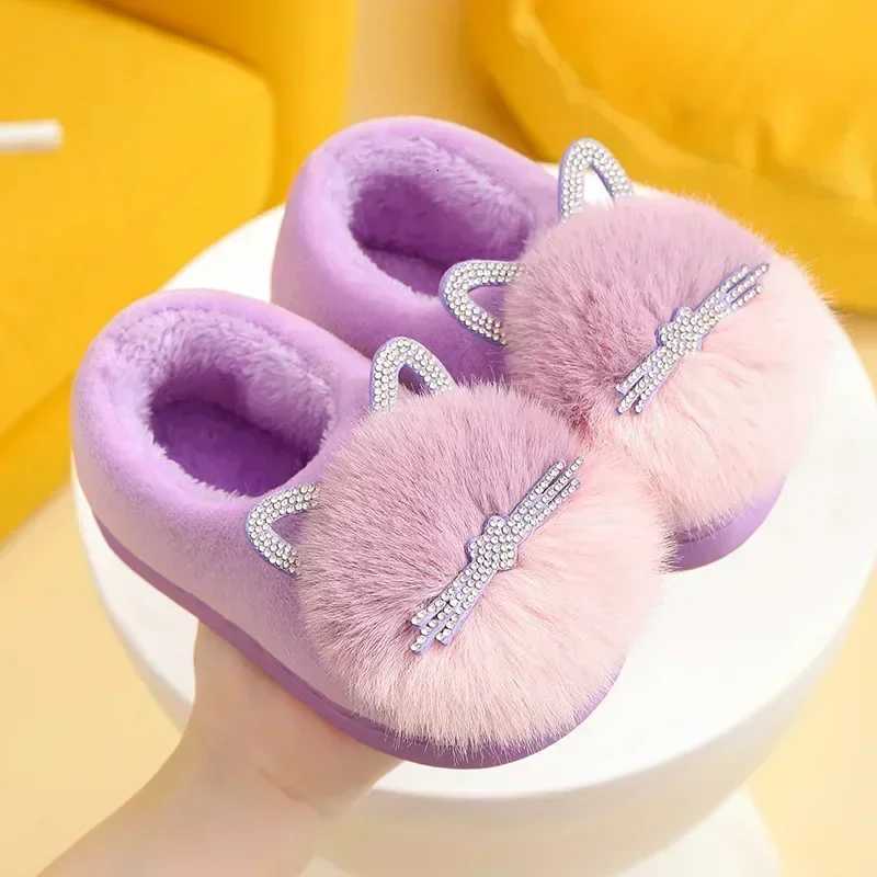 Childrens Cotton Slippers Princess Warm Kids Winter Cute Cat Cartoon Diamond Furry Shoes Little Girl Soft Bottom Home ShoesW251121