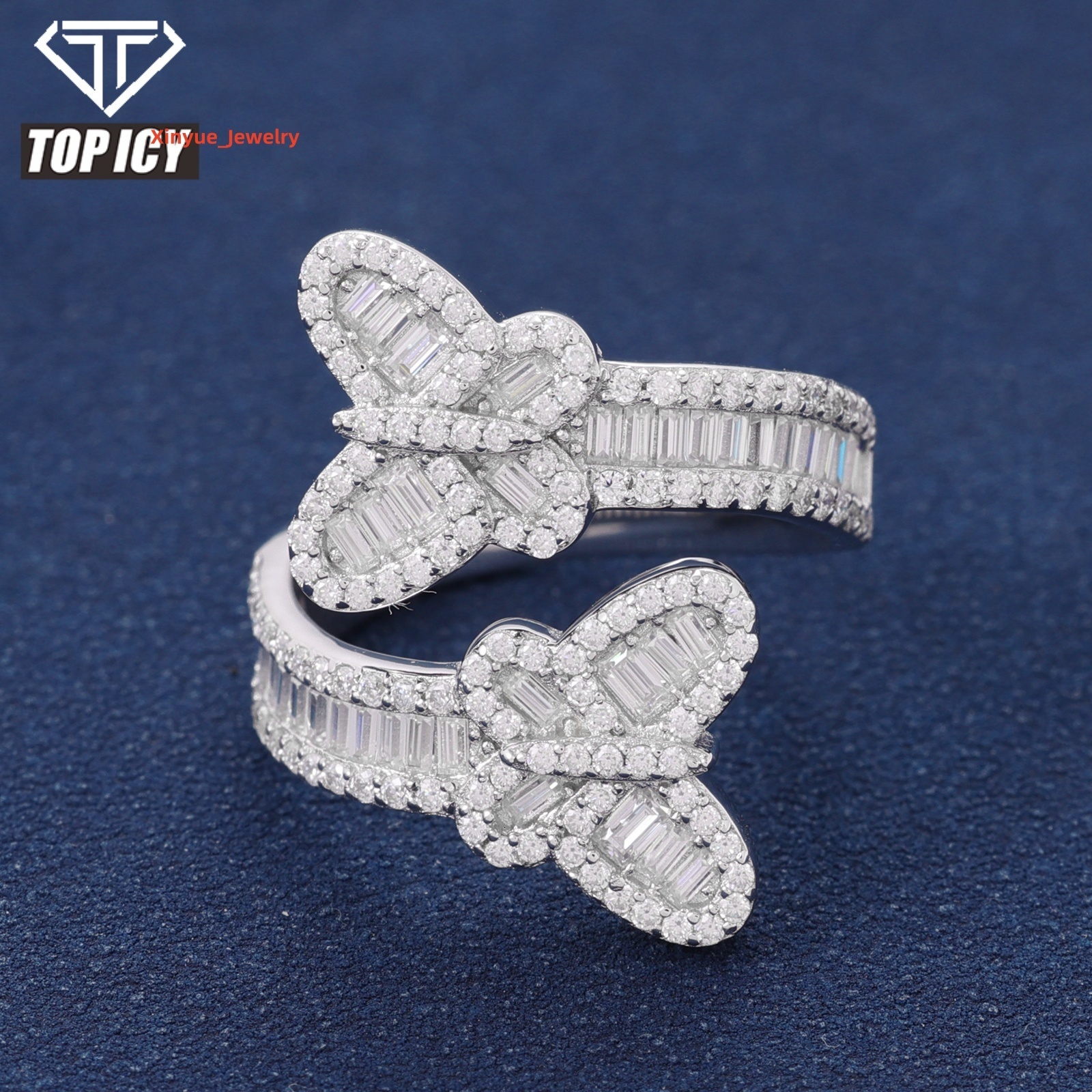 Trendy Wedding Jewelry Gift 925 Sterling Silver VVS D Moissanite Baguette Butterfly Ring Luxury Adjustable Accessories Jewelry