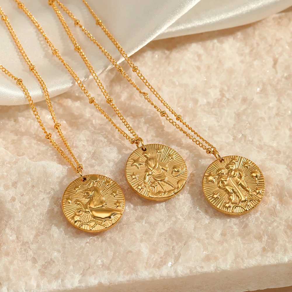 12 Zodiac Constellation Stainless Steel Necklace for Women Golden Amulet Vintage Plated Round Coin Pendant Trendy Clavicle ChainXJ251121