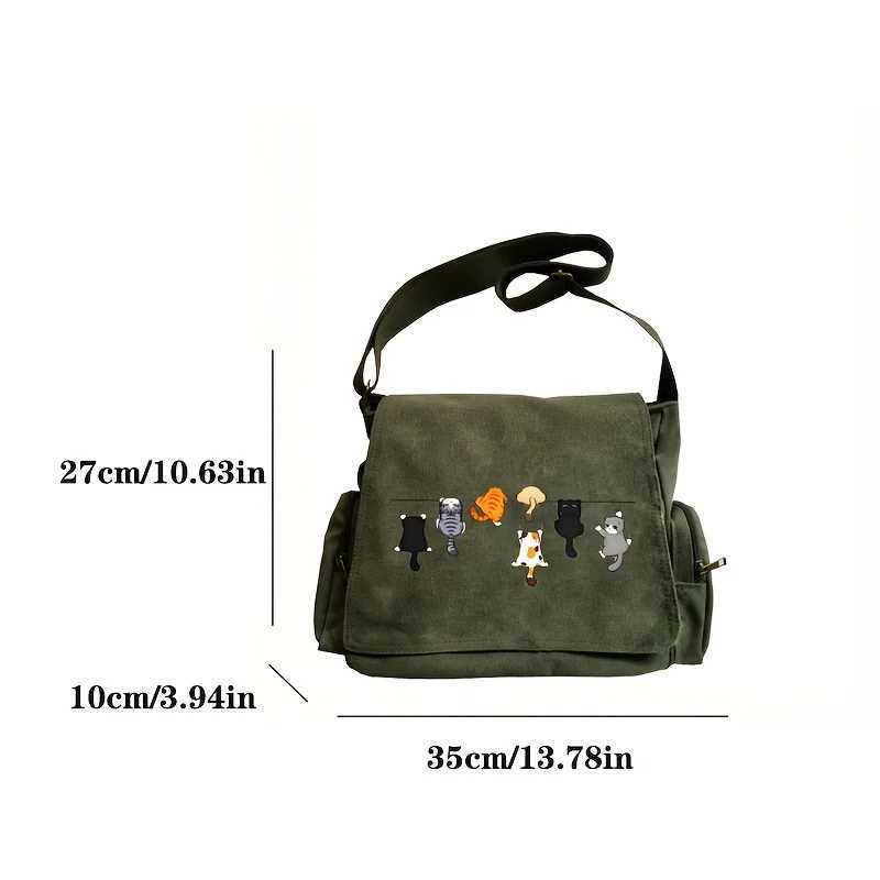 Adorable Cat-Themed Womens Crossbody Bag Large Capacity Canvas Students Book Bag Army Green Females Shoulder BagT251121