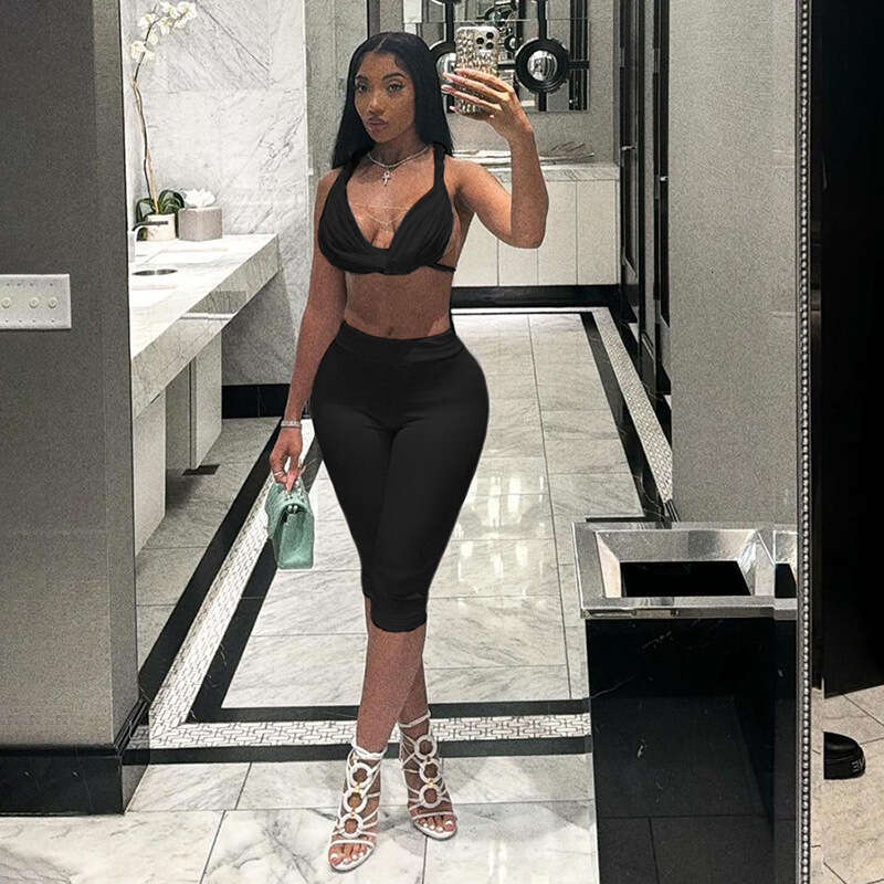 hoodie Women's Wear Women's Clothing Autumn New Product Fashionable Hanging Neck Backless Lace Up Vest Solid Color Tight Seven Piece Pants T