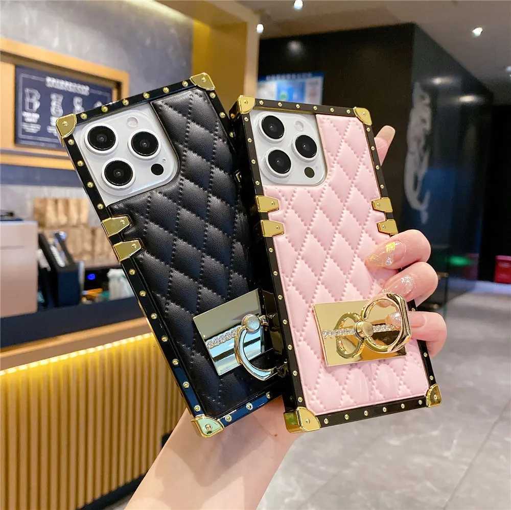 Fashion Rhombic Gold Plating Leather luxury Phone Case For iPhone 16 15 Pro Max 14 Plus 13 12 11 XR Ring Holder CoverW251121