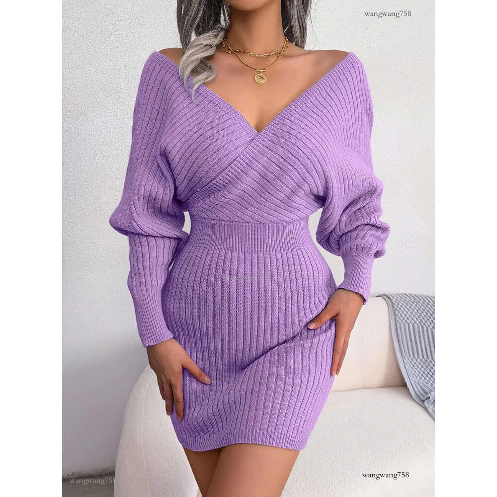 Bodycon Sweater Dresses For Women Autumn Winter Casual Long Sleeve Knitted Clothes White Green Blue Black Purple 240808