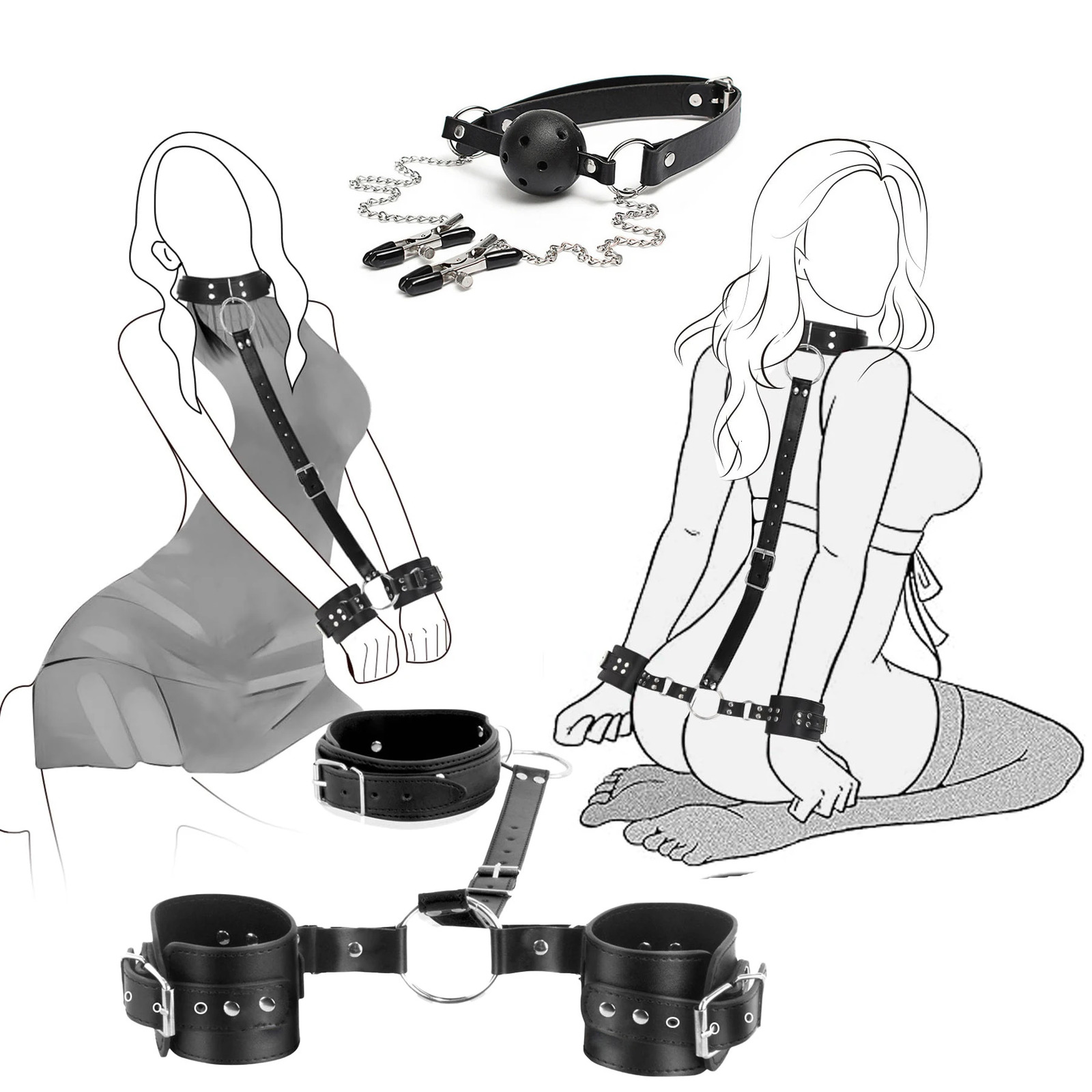 BDSM Leather Bondage Restraints Neck to Wrist Handcuffs Kit Nipple Clamps Gag Adjustable Restraint Straps Sex SM Toys For Couple 250421