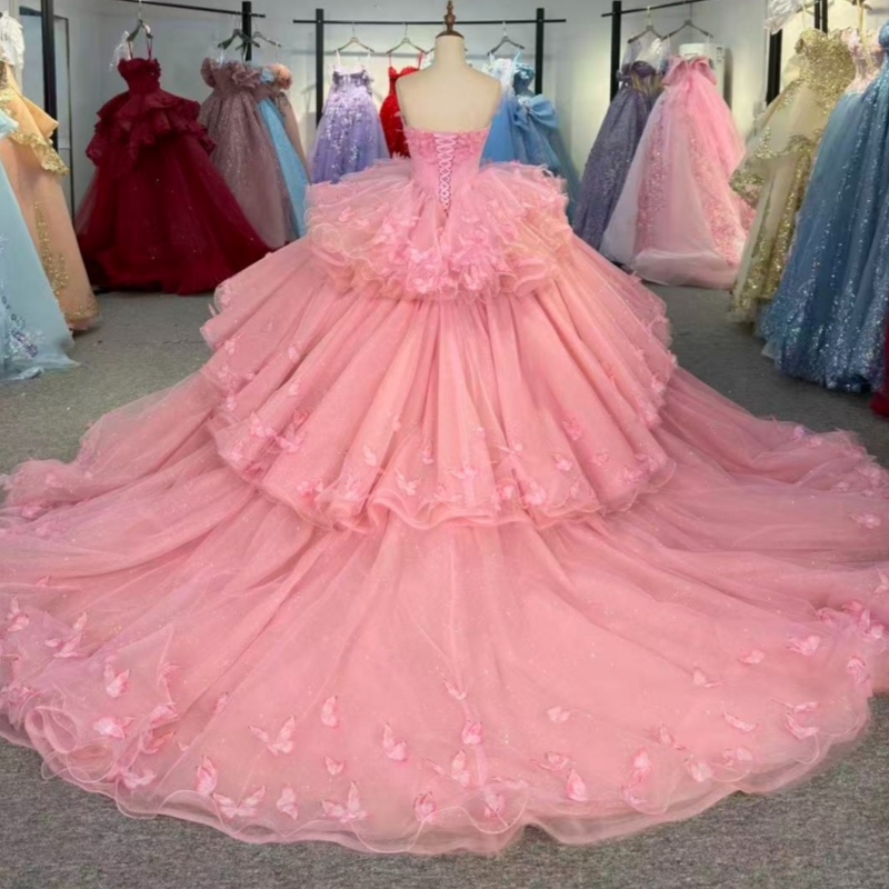 Pink Shiny Quinceanera Dresses Off The Shoulder Bow Tiered Tull Corset Party Birthday Sweet 16 Dres Vestidos 15 Anos
