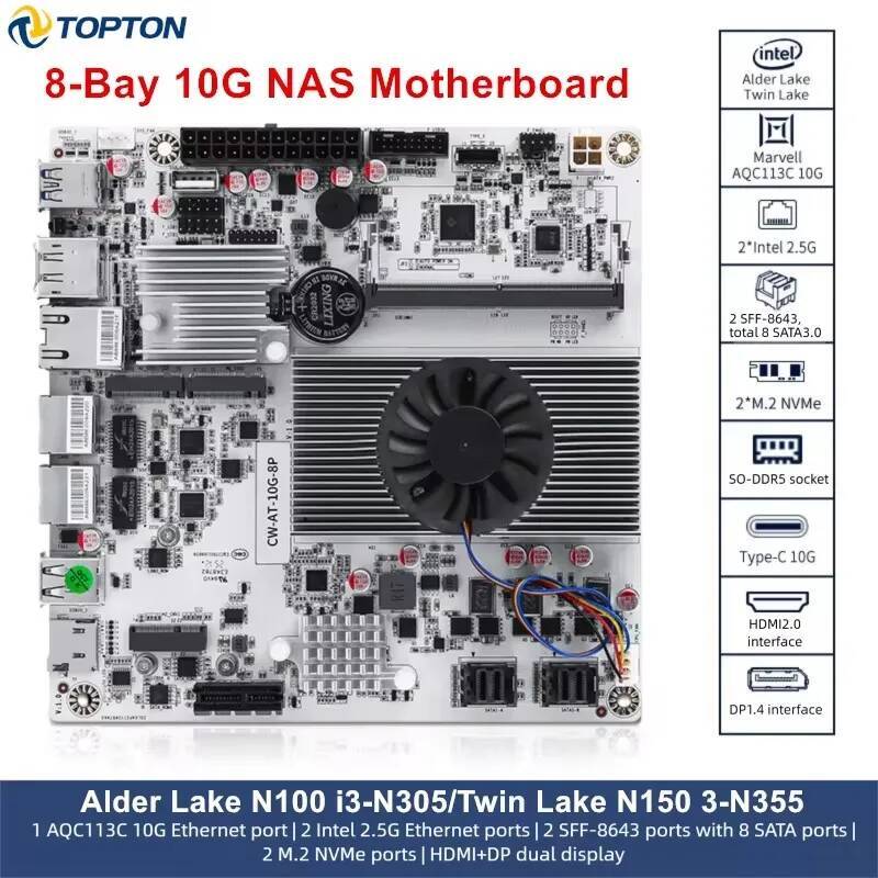 8-Bay 10G NAS Motherboard Intel N150 N100 i3-N305 110G 225G LANs 2NVMe 2SFF-8643 to 8SATA Firewall Mainboard PCIex1 Type-C