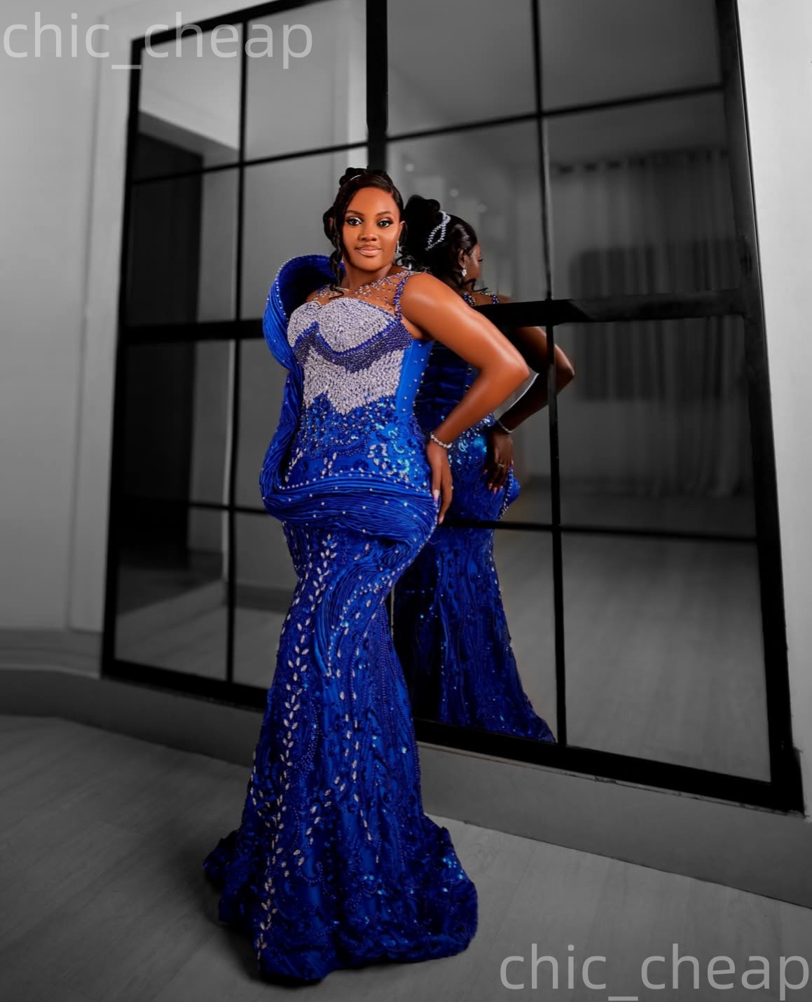 Aso Ebi Royal Blue Mermaid Prom Dresses 2026 Crystals Sheer Neck Evening Formal Party Second Birthday Engagement Gowns Plus Size Dress For Special Occ