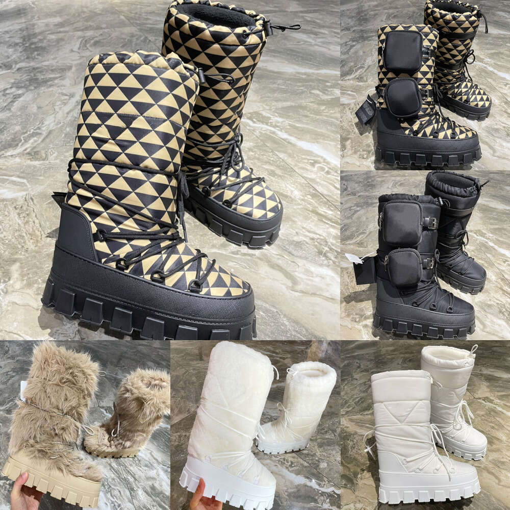 Winter Designer Luxury womens Snow Boots Platform Ankler long tall boots Ski Boot fur Nylon Waterproof Lace-up Booties Chunky Mid Bottom Womens Outdoor sneaker shoe