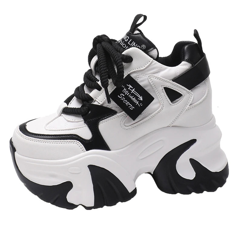 Women High Platform Casual Leather Shoes Autumn Laceup Chunky Sneakers 10CM Wedges Hidden Heels Leisure Woman 251121