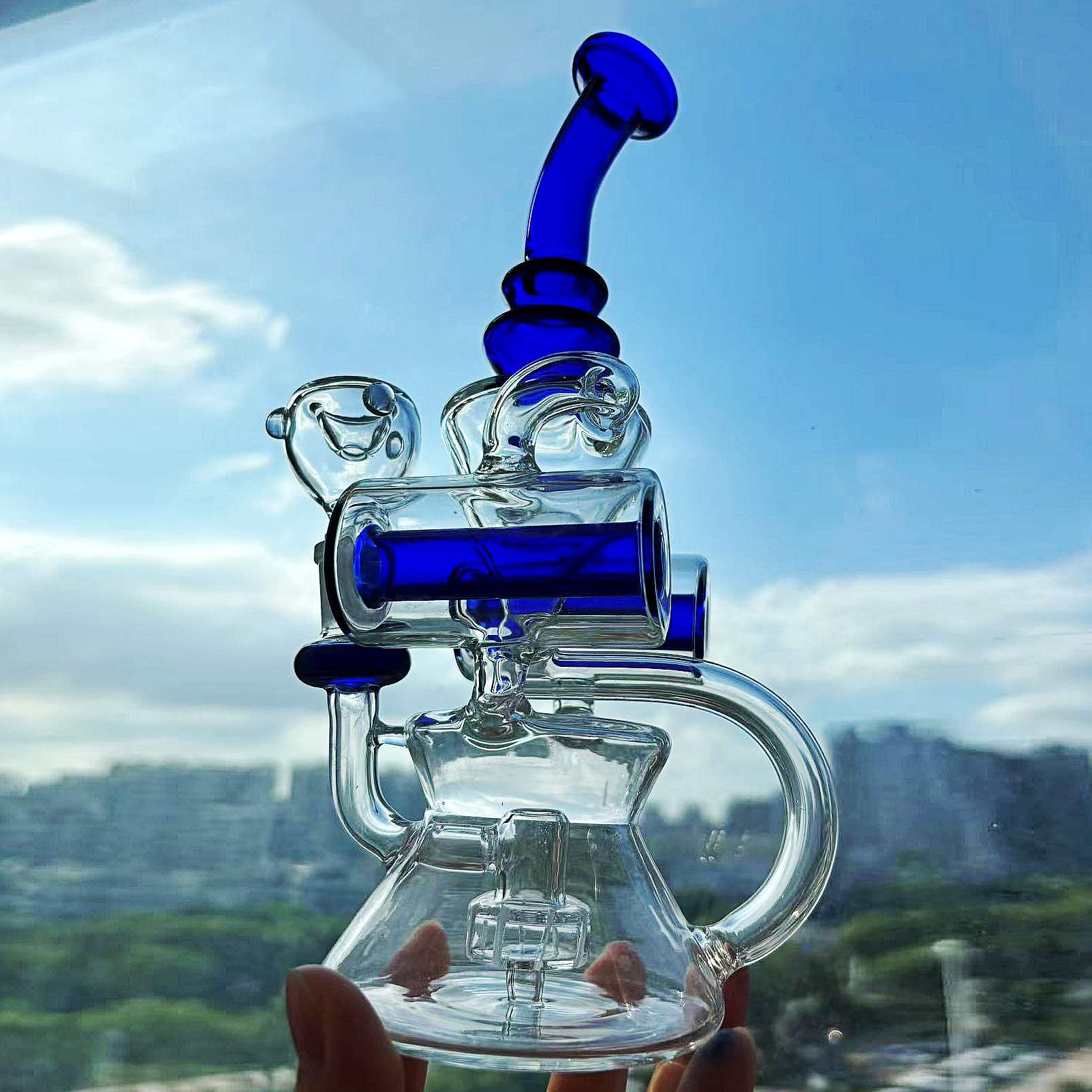 Colored Recycler Glass Hookahs Bong Water Pipe Bubbler with 14mm Joint Percolator Diffused Smoking Shisha Accessories