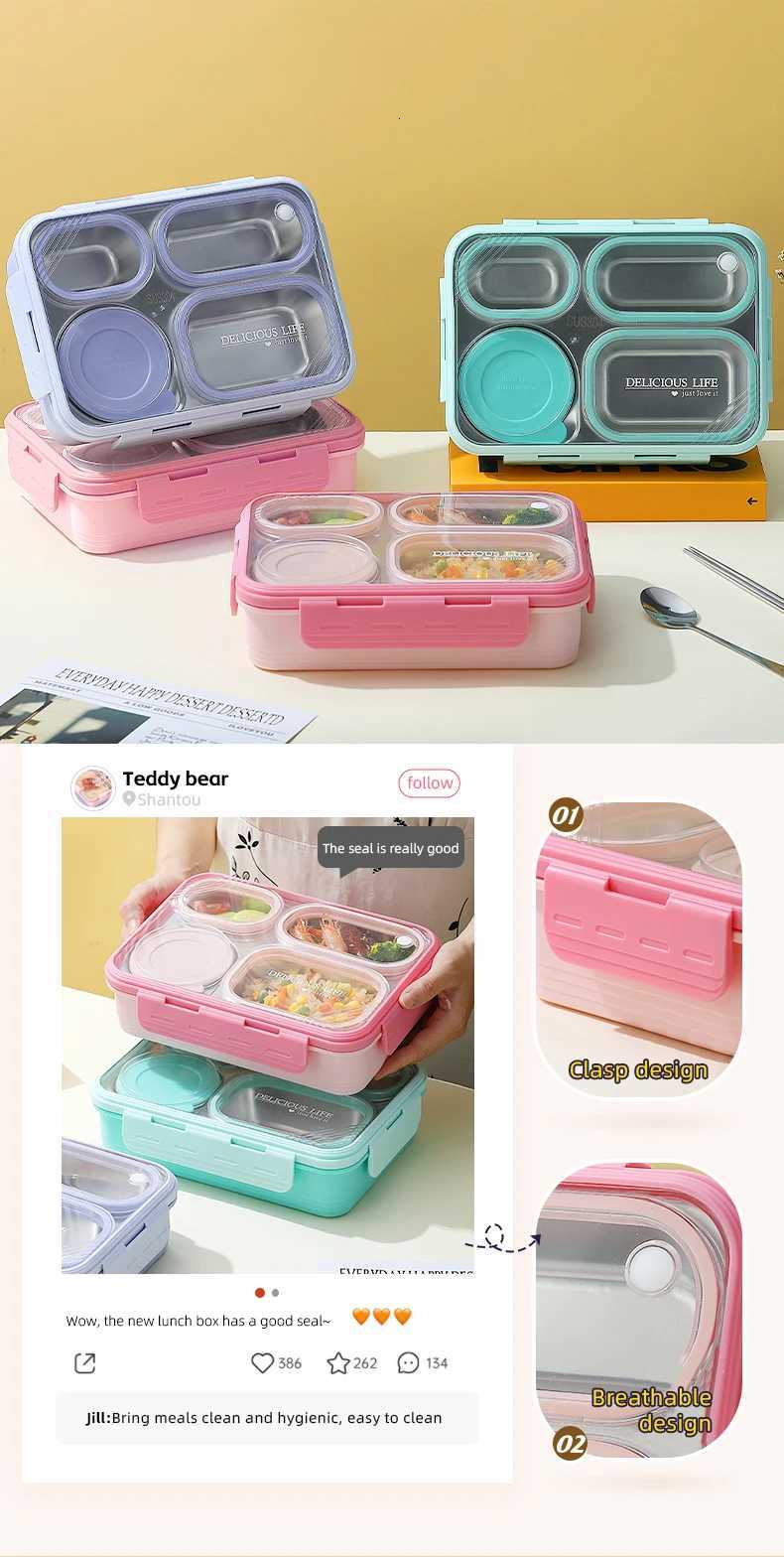 4-Compartment Bento Lunch Box with Bowl 100 Leak-Proof Design for Convenient Mess-Free Dining PinkGreenM251121