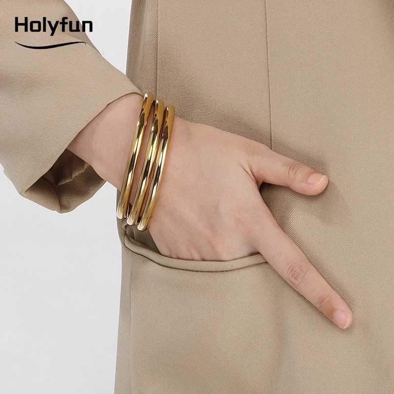 Holyfun Waterproof Stainless Steel Cuff Bracelet Bangles for Women Smooth Metal Openable Bracelets Jewelry GiftW251121