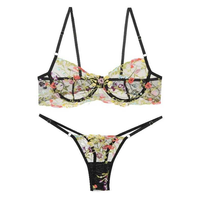 Floral Embroidery Lace Bras Set Women Sheer 2-Piece Sexy Bra Panties Lingerie Fashion Underwear Set IntimatesXJ251106
