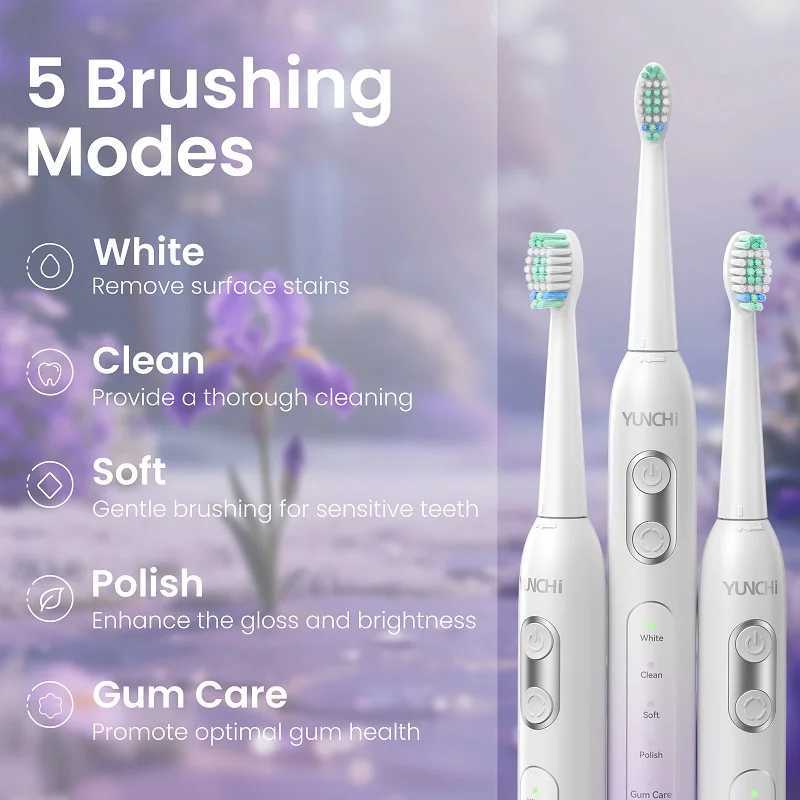 YUNCHI Sonic Electric Toothbrush C2 Adult Toothbrush Rechargeable 2 Minutes Smart Timer 5 Modes with 8 Replacement Brush Heads C251121