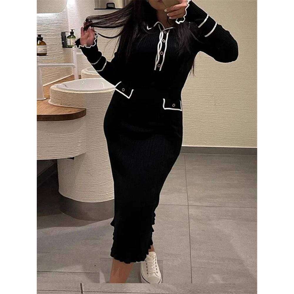 Autumn Winter Elegant Knitted Long Ruffles Dressres New High Waist Buttons Turn-Down Collar Sweater Dresses Female