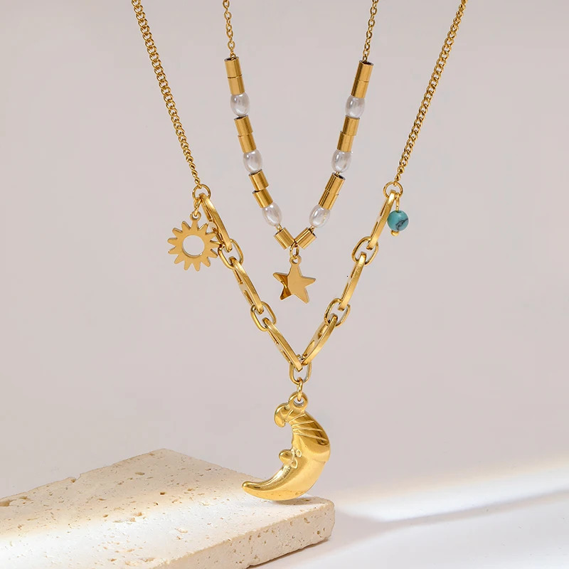 EILIECK 316L stainless steel moon starfish heartshaped portrait pendant necklace for womens fashion multilayer chain jewelry gift 250420