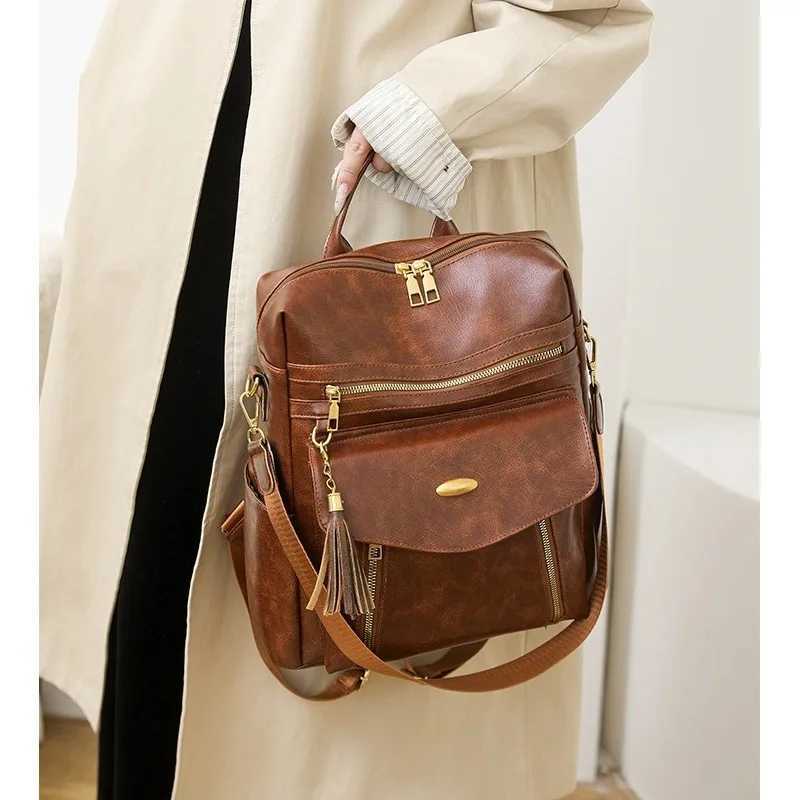 New Womens PU Leather Waterproof Anti-theft Designer Large Retro College Travel Backpack Shoulder Bag Wallet with Tassel BrowW251121