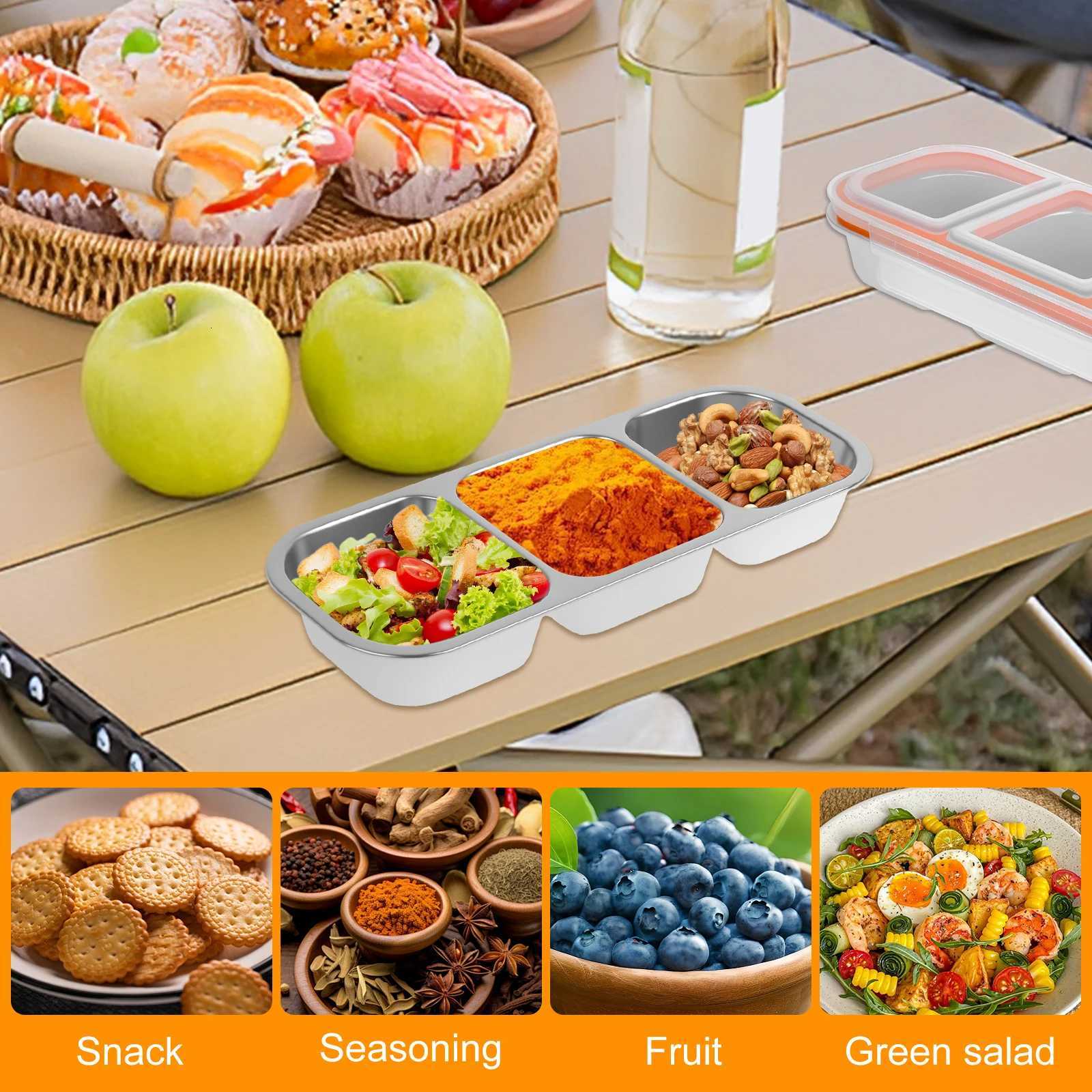 4/2Pcs Stainless Steel Snack Container with Lid 2 Grids Lunchbox Food Storage Container Camping Seasoning Container Bento BoxM251121