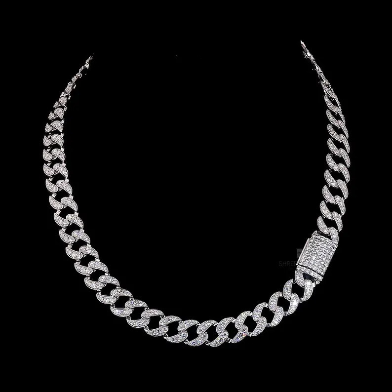 12mm White Gold Color Silver 925 Cuban Link Chain Moissanite D Color VVS1 Diamond Hip Hop Jewelry Rapper Mossanite Cuban Chain
