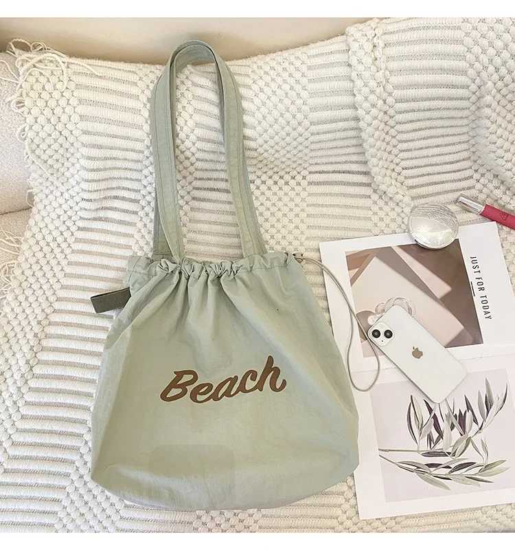 Solid Colour Womens Beach Shoulder Bag Letter Design Ladies Tote Canvas Bags Large Capacity Drawstring Female Shopping HandbagT251121